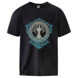 Vikings Tshirts for Man Yggdrasil Norse Mythology Summer Cotton T shirts Tee Male Casual Short Sleeve Crewneck Sportswear Tee