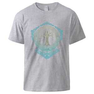 Vikings Tshirts for Man Yggdrasil Norse Mythology Summer Cotton T shirts Tee Male Casual Short Sleeve Crewneck Sportswear Tee